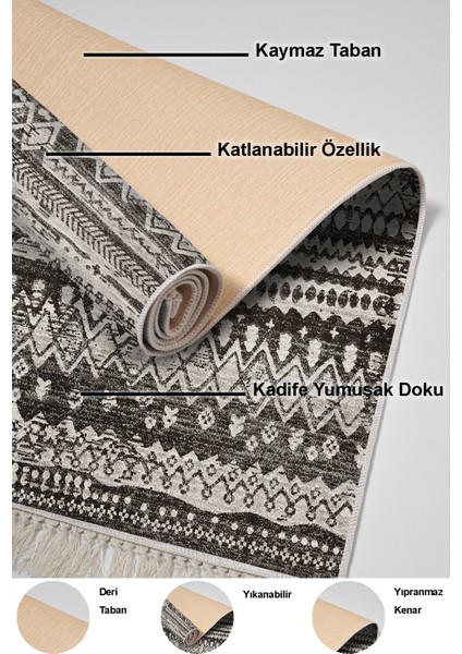 Dijital Mutfak Halısı Yıldız Deri Kaymaz Taban Saçaklı Iskandinav Ysabel Antrasit
