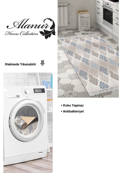Dijital Mutfak Halısı Yıldız Deri Kaymaz Taban Saçaklı Modern Kye Bej