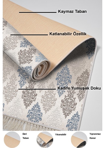 Dijital Mutfak Halısı Yıldız Deri Kaymaz Taban Saçaklı Modern Kye Bej