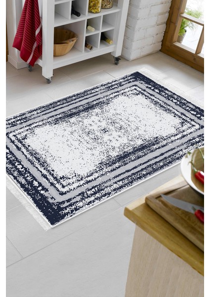 Dijital Mutfak Halısı Star Pamuk Kaymaz Taban Saçaklı Modern Mollie Lacivert