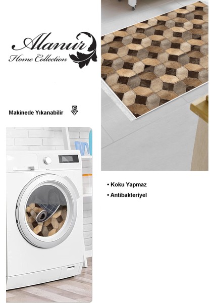 Dijital Mutfak Halısı Star Pamuk Kaymaz Taban Saçaklı Modern Tanya Kahve
