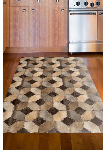 Dijital Mutfak Halısı Yıldız Deri Kaymaz Taban Modern Tanya Kahve