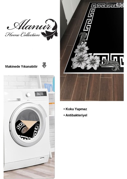 Dijital Mutfak Halısı Yıldız Deri Kaymaz Taban Modern Marcie Siyah