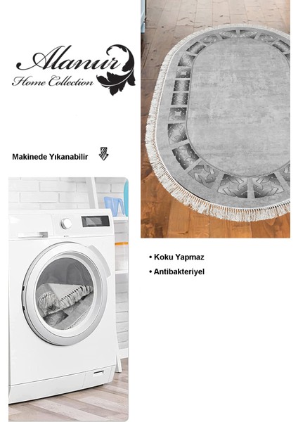 Dijital Mutfak Halısı Trend Keçe Kaymaz Taban Saçaklı Oval Modern Twyla Gri