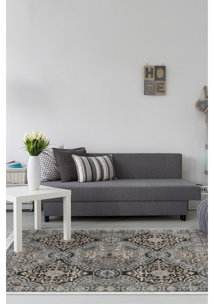 Dijital Salon Halısı Yıldız Deri Kaymaz Taban Saçaklı Modern Osana Bej