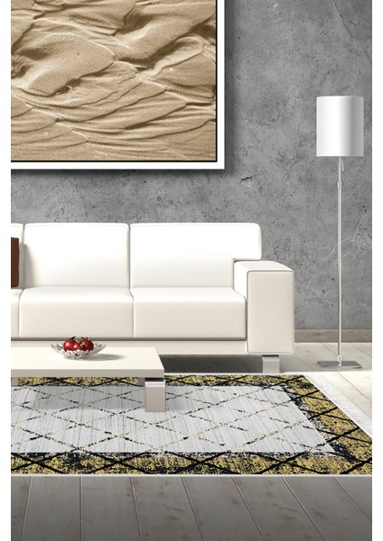 Dijital Salon Halısı Yıldız Deri Kaymaz Taban Saçaklı Modern Doreen Sarı