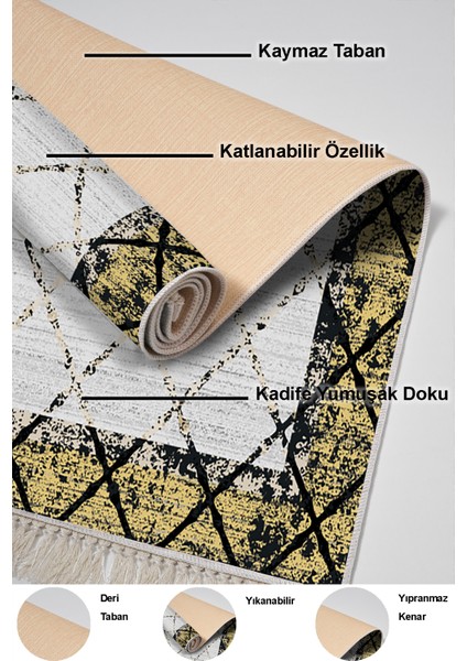 Dijital Salon Halısı Yıldız Deri Kaymaz Taban Saçaklı Modern Doreen Sarı