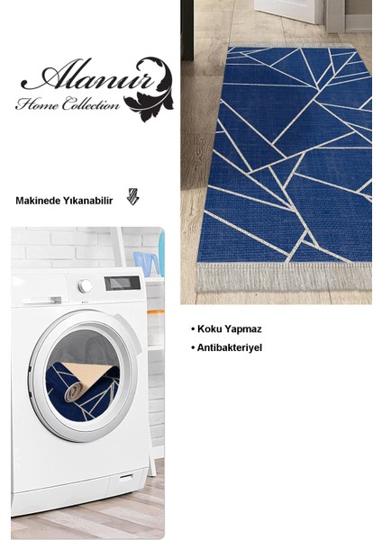 Dijital Mutfak Halısı Yıldız Deri Kaymaz Taban Saçaklı Modern Shavonne Lacivert modelleri