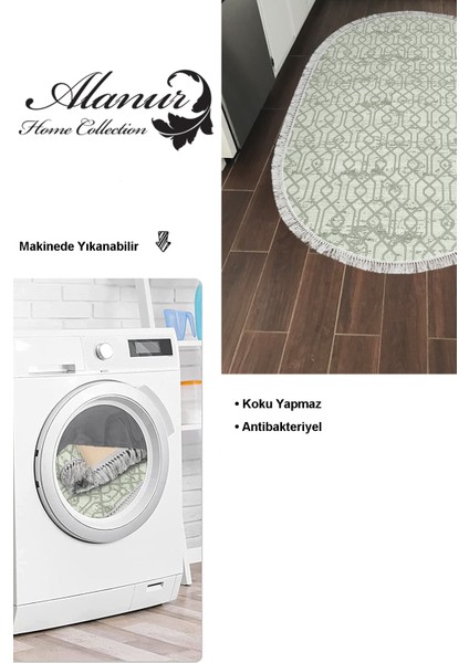 Dijital Mutfak Halısı Yıldız Deri Kaymaz Taban Saçaklı Oval Modern Eliana Yeşil