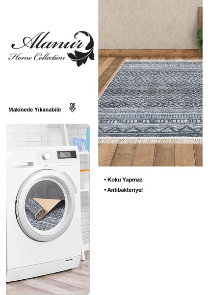 Dijital Salon Halısı Yıldız Deri Kaymaz Taban Saçaklı Iskandinav Liz Mavi