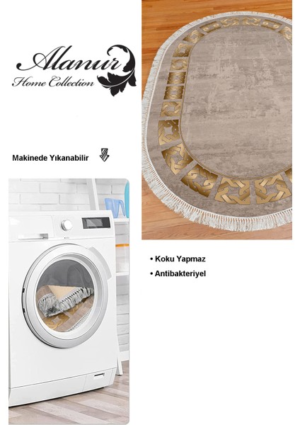 Dijital Mutfak Halısı Yıldız Deri Kaymaz Taban Saçaklı Oval Modern Twyla Camel
