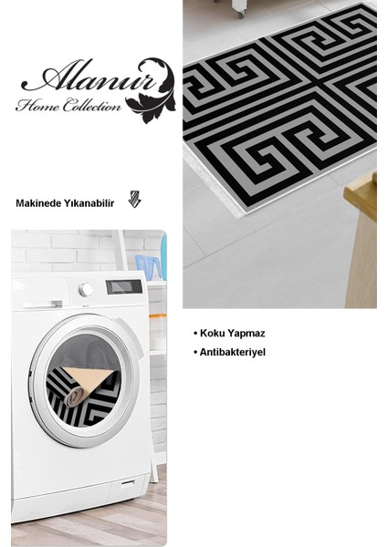 Dijital Mutfak Halısı Yıldız Deri Kaymaz Taban Saçaklı Modern Jem Gri
