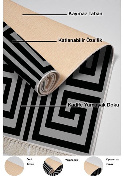 Dijital Mutfak Halısı Yıldız Deri Kaymaz Taban Saçaklı Modern Jem Gri
