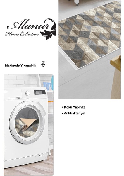 Dijital Mutfak Halısı Yıldız Deri Kaymaz Taban Saçaklı Iskandinav Kitty Bej