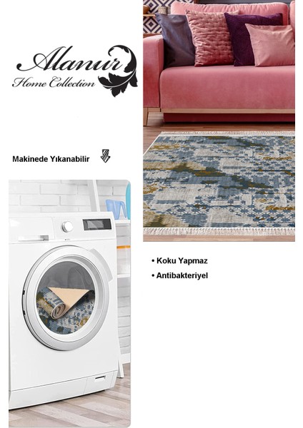 Dijital Salon Halısı Yıldız Deri Kaymaz Taban Saçaklı Modern Sherri Mavi