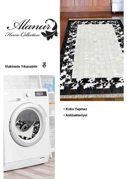 Dijital Mutfak Halısı Star Pamuk Kaymaz Taban Saçaklı Modern Mallow Siyah
