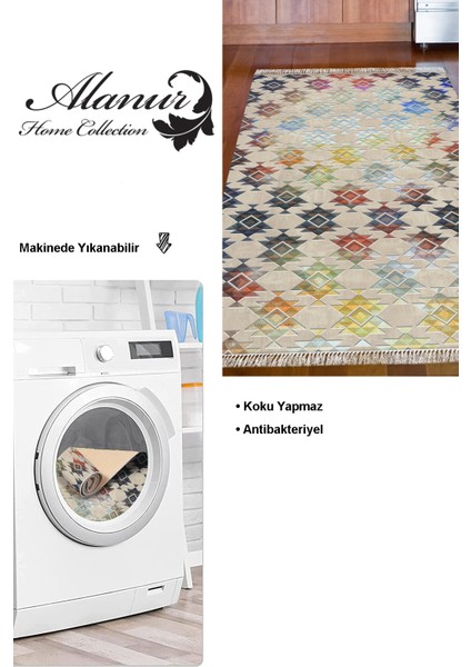 Dijital Mutfak Halısı Yıldız Deri Kaymaz Taban Saçaklı Modern Cyan Renkli