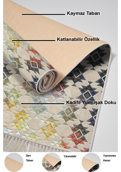 Dijital Mutfak Halısı Yıldız Deri Kaymaz Taban Saçaklı Modern Cyan Renkli