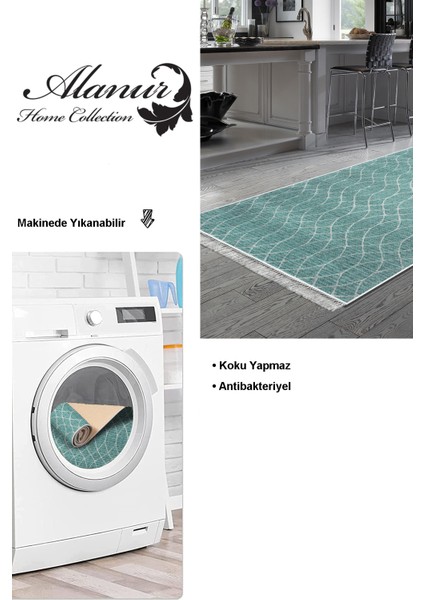 Dijital Mutfak Halısı Yıldız Deri Kaymaz Taban Saçaklı Iskandinav Celestine Turkuaz modelleri