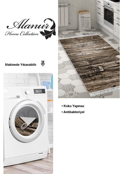 Dijital Mutfak Halısı Trend Keçe Kaymaz Taban Saçaklı Modern Alannah Kahve modelleri