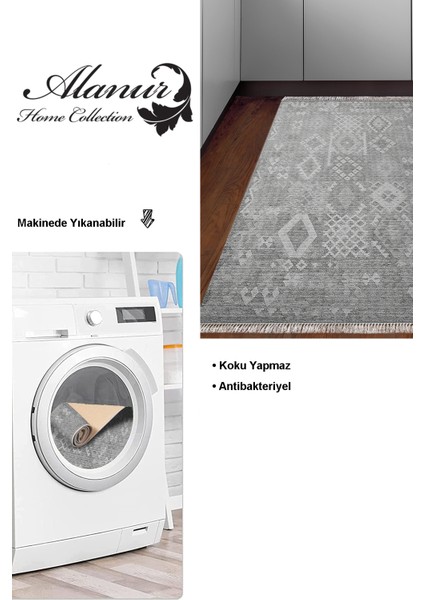 Dijital Mutfak Halısı Yıldız Deri Kaymaz Taban Saçaklı Iskandinav Lorene Gri