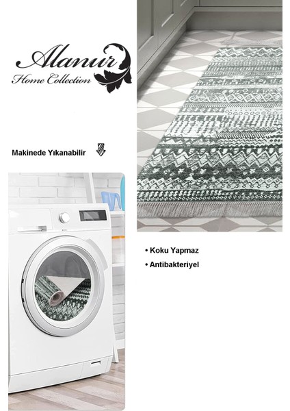 Dijital Mutfak Halısı Trend Keçe Kaymaz Taban Saçaklı Iskandinav Ysabel Silver modelleri