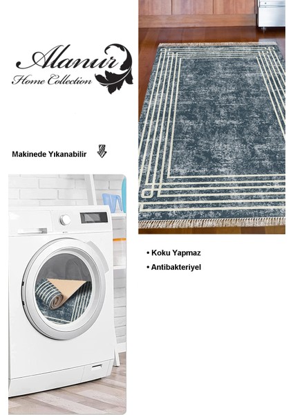 Dijital Mutfak Halısı Yıldız Deri Kaymaz Taban Saçaklı Modern Shelbi Mavi