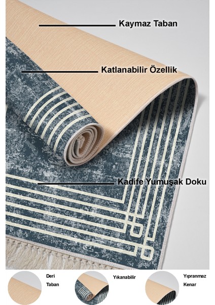 Dijital Mutfak Halısı Yıldız Deri Kaymaz Taban Saçaklı Modern Shelbi Mavi