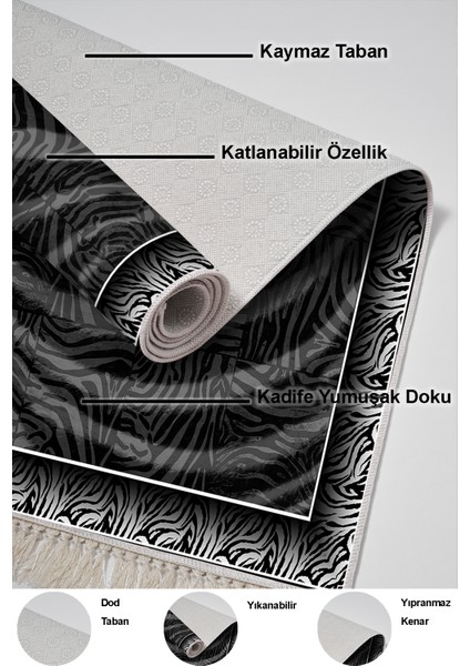 Dijital Mutfak Halısı Trend Keçe Kaymaz Taban Saçaklı Modern Patti Gri