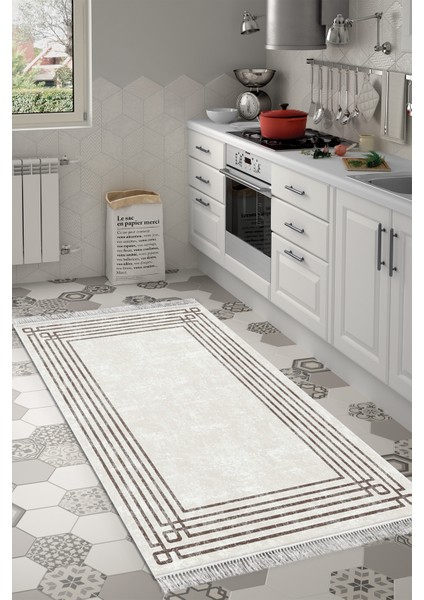 Dijital Mutfak Halısı Yıldız Deri Kaymaz Taban Saçaklı Modern Shelbi Bej