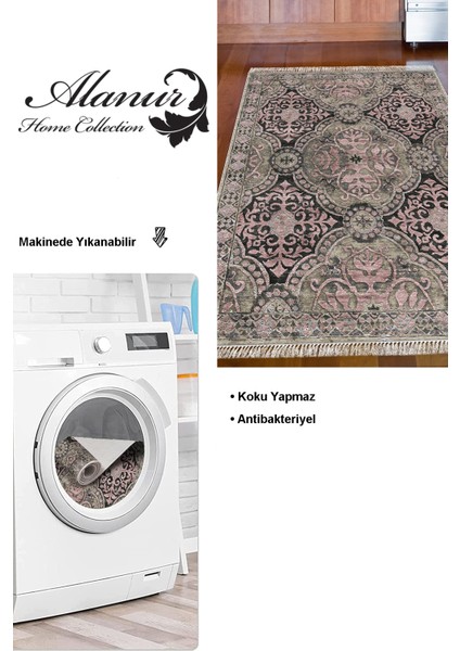 Dijital Mutfak Halısı Trend Keçe Kaymaz Taban Saçaklı Modern Osana Pudra
