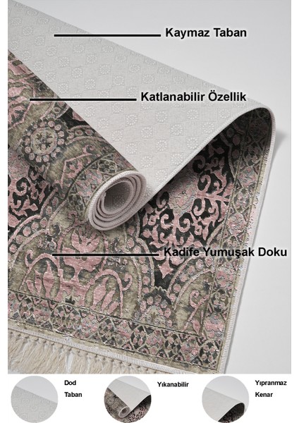 Dijital Mutfak Halısı Trend Keçe Kaymaz Taban Saçaklı Modern Osana Pudra