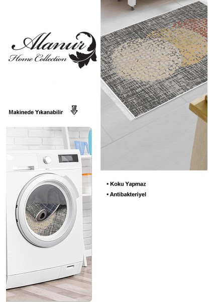 Dijital Mutfak Halısı Star Pamuk Kaymaz Taban Saçaklı Modern Saeran Kahve Krem Bej
