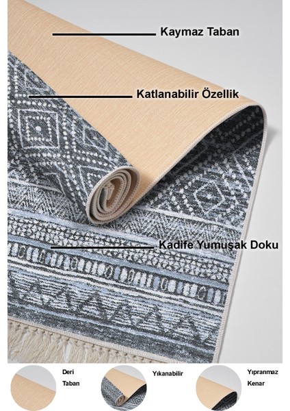 Dijital Salon Halısı Yıldız Deri Kaymaz Taban Saçaklı Iskandinav Liz Mavi