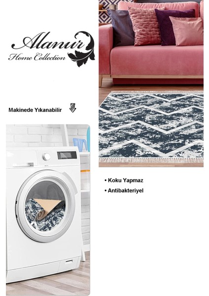 Dijital Salon Halısı Yıldız Deri Kaymaz Taban Saçaklı Iskandinav Roxanne Mavi