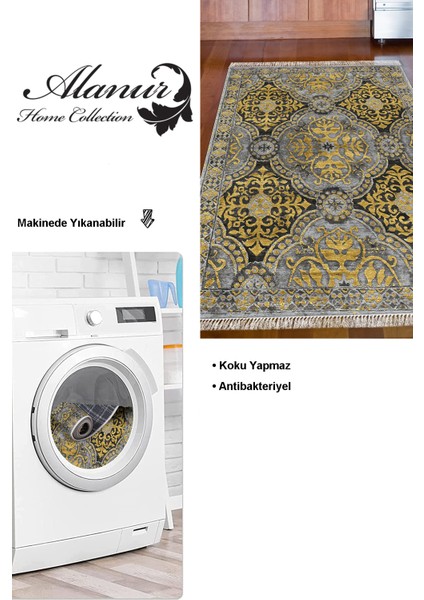 Dijital Mutfak Halısı Star Pamuk Kaymaz Taban Saçaklı Modern Osana Sarı