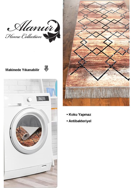 Dijital Mutfak Halısı Trend Keçe Kaymaz Taban Saçaklı Modern Zanna Kahve modelleri