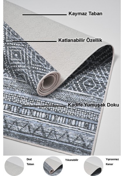 Dijital Mutfak Halısı Trend Keçe Kaymaz Taban Iskandinav Liz Mavi