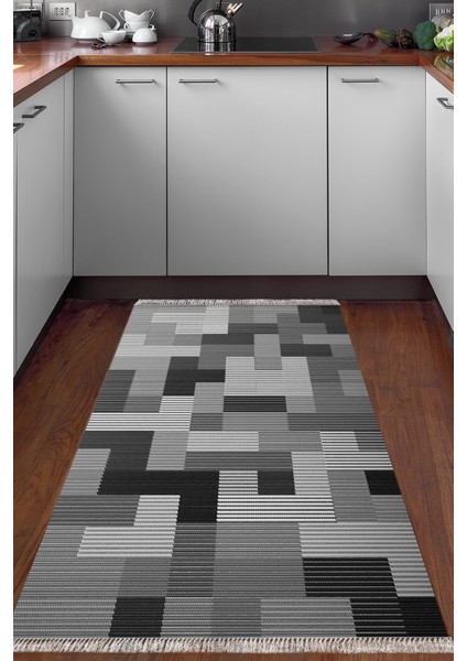 Dijital Mutfak Halısı Trend Keçe Kaymaz Taban Saçaklı Modern Andrina Gri