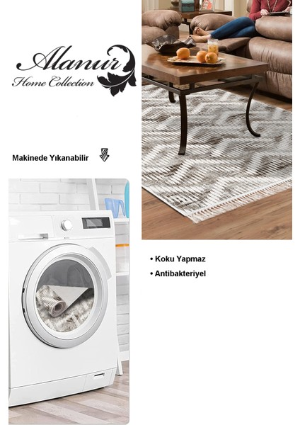 Dijital Salon Halısı Trend Keçe Kaymaz Taban Saçaklı Iskandinav Renata Kahve
