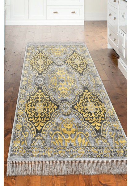 Dijital Mutfak Halısı Trend Keçe Kaymaz Taban Saçaklı Modern Osana Sarı