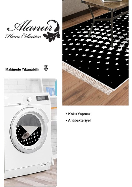 Dijital Salon Halısı Trend Keçe Kaymaz Taban Saçaklı Modern Willow Siyah modelleri