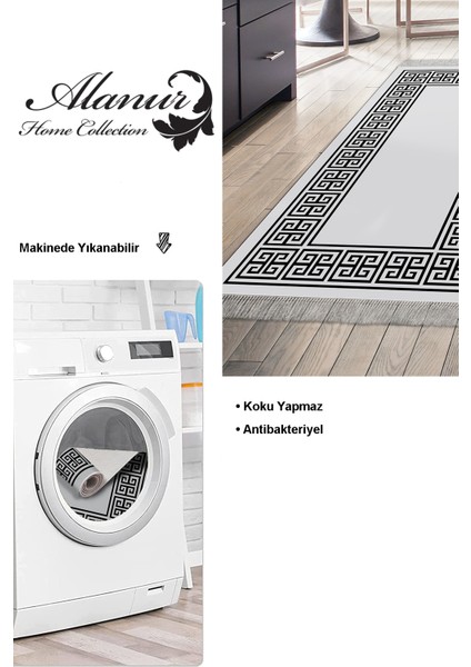 Dijital Mutfak Halısı Trend Keçe Kaymaz Taban Saçaklı Modern Penelope Gri