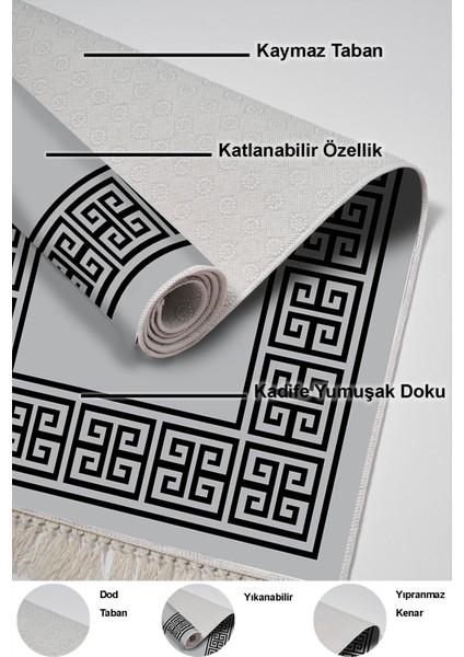 Dijital Mutfak Halısı Trend Keçe Kaymaz Taban Saçaklı Modern Penelope Gri