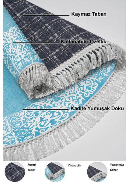 Dijital Mutfak Halısı Star Pamuk Kaymaz Taban Saçaklı Oval Modern Sequoia Mavi