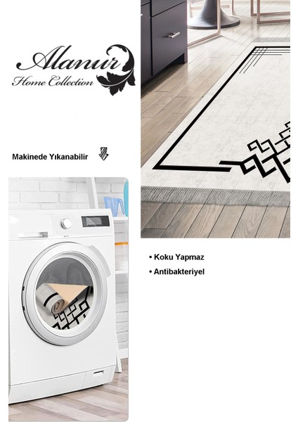 Dijital Mutfak Halısı Yıldız Deri Kaymaz Taban Saçaklı Modern Agnese Gri Siyah