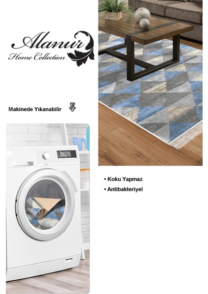 Dijital Salon Halısı Yıldız Deri Kaymaz Taban Saçaklı Iskandinav Kitty Mavi