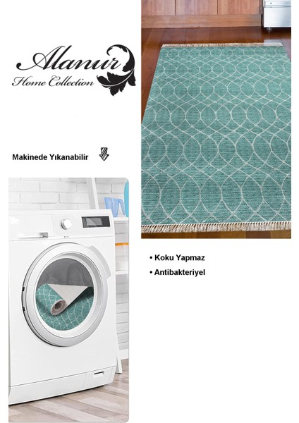 Dijital Mutfak Halısı Trend Keçe Kaymaz Taban Saçaklı Iskandinav Celestine Turkuaz modelleri
