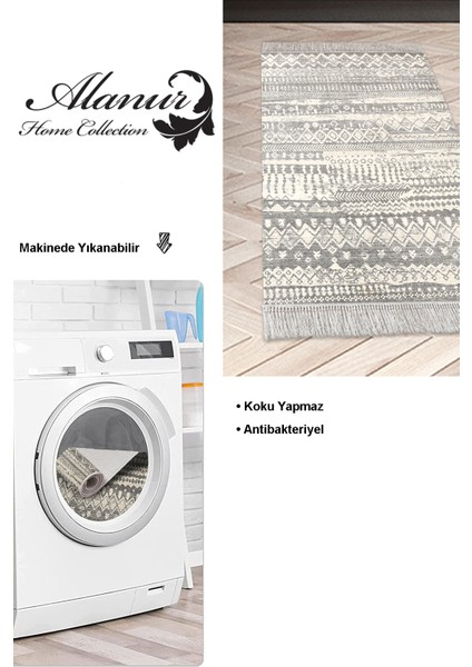 Dijital Mutfak Halısı Trend Keçe Kaymaz Taban Saçaklı Iskandinav Ysabel Gri