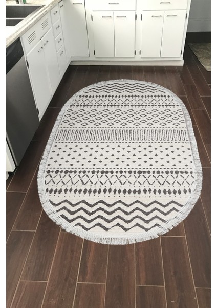 Dijital Mutfak Halısı Yıldız Deri Kaymaz Taban Saçaklı Oval Iskandinav Cade Bej